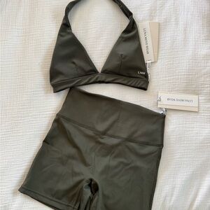 Luna Move Wear Olive Halter Sports Bra + High-Waist Bike Shorts Set